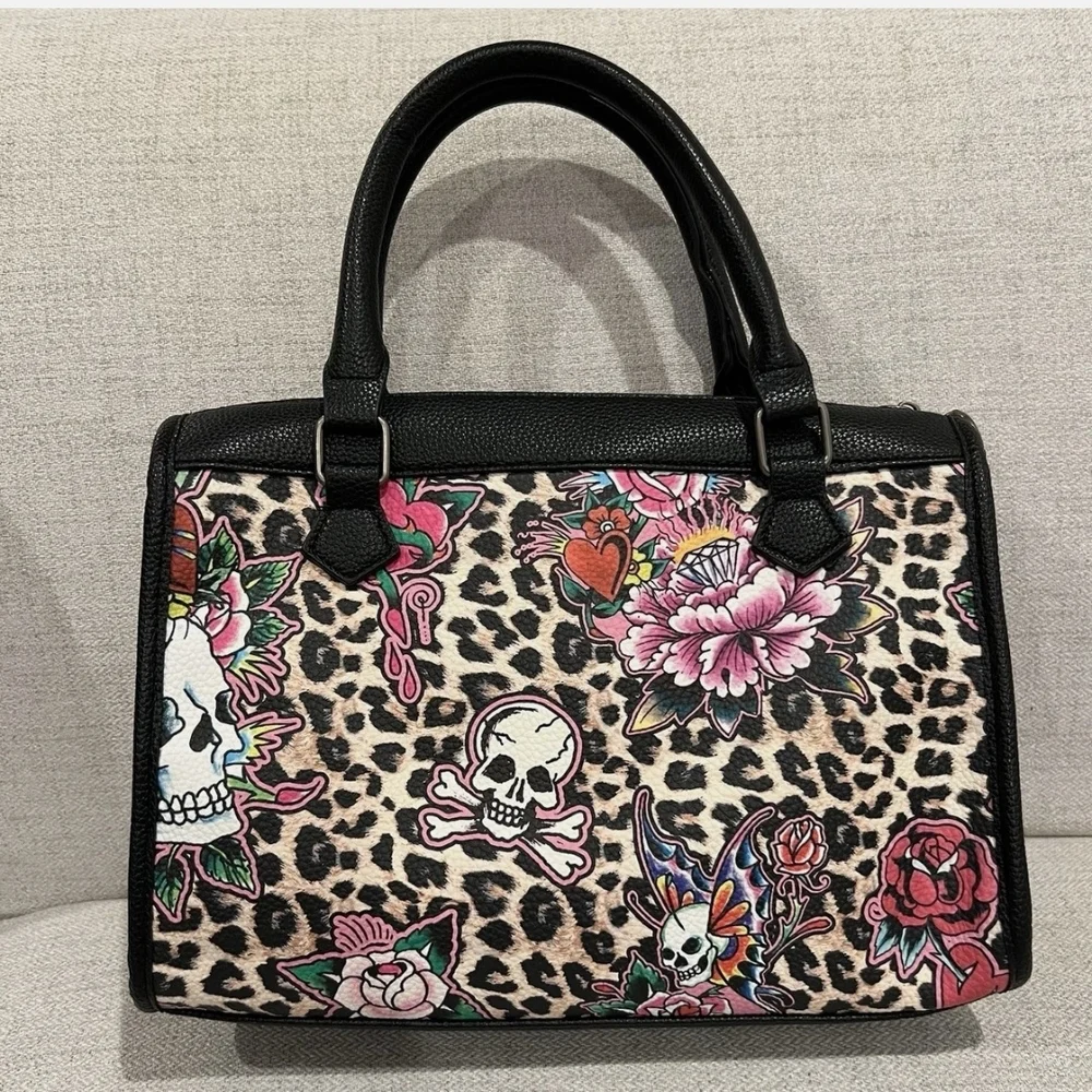 Ed Hardy Leopard Skull Floral Satchel - Black, Pink, Red